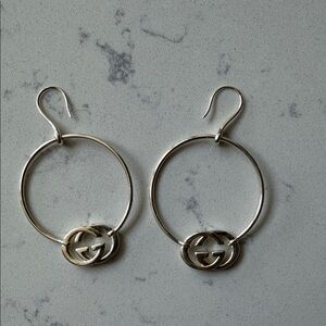 Gucci Silver Hoop Earrings with Logo Charm